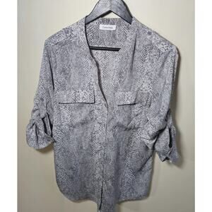 Calvin Klein Snake Print Top Womens M Gray Animal Print Roll Tab Sleeve Workwear